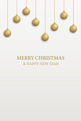 3D golden Christmas balls hanging with Merry Christmas and Happy New Year calligraphy on light cream vertical background graphic illustration have blank space.
