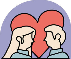 Stylized illustration of a couple facing each other with a heart backdrop