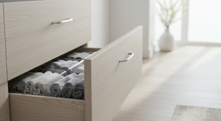 Fototapeta premium Modern drawer with neatly rolled gray towels in bright interior 