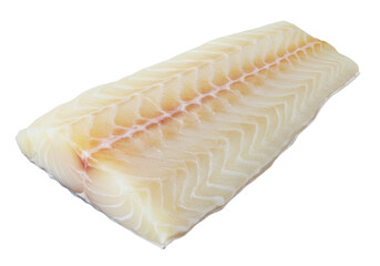 Isolated raw Atlantic cod fillet, uncooked, ready for cooking, in clean condition, food prep