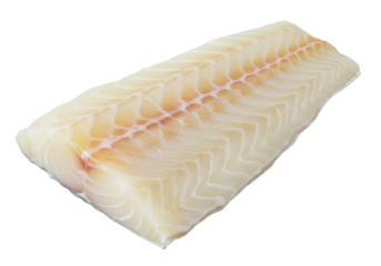 Isolated raw Atlantic cod fillet, uncooked, ready for cooking, in clean condition, food prep