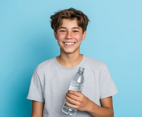 A cheerful young person holds a water bottle against a bright blue background.
