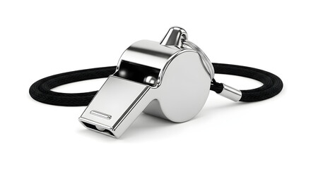 Shiny silver whistle with black lanyard, perfect for sports, coaching, or signaling in various situations