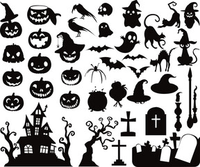Halloween elements collection in hand drawn silhouette style. Spooky tree with scary pumpkin, horror faces set, monster pumpkins, jack lantern for Halloween party vector isolated illustration.