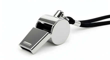 Shiny silver whistle with black lanyard on white background, ready for sports, coaching, or business use