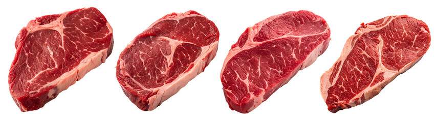 Fototapeta premium Various cuts of uncooked beef displayed side by side, highlighting different grades of marbling and texture ideal for grilling, roasting, or stewing. Perfect for meat preparation ideas.