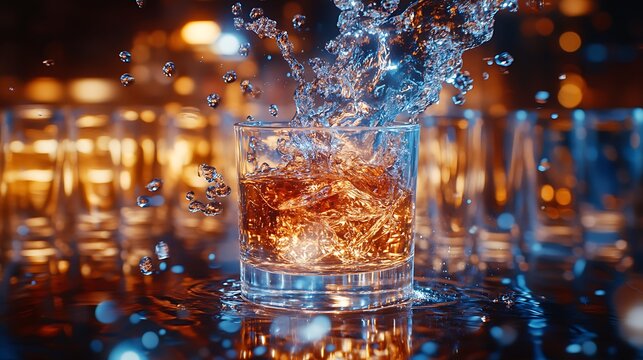 Dramatic splash of liquid into whiskey glass with atmospheric bar backdrop