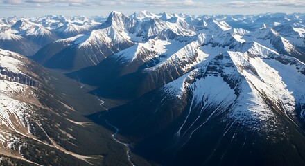 Snowy Mountain Peaks Aerial View.