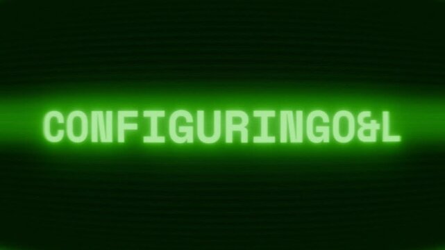 Old green CRT screen showing text CONFIGURING... appearing in random glitch and coding style