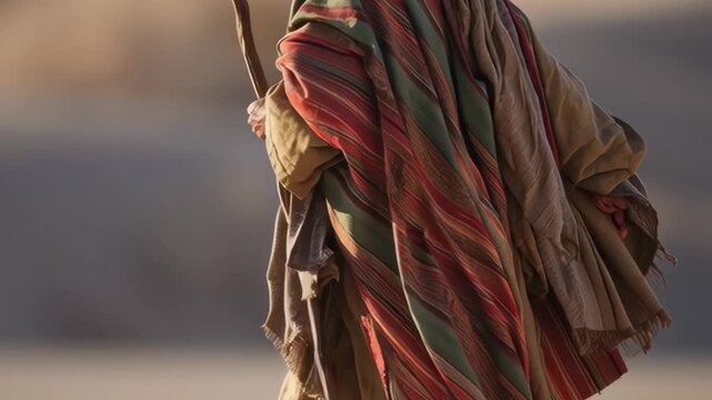 Man in ancient attire walking with a staff in a desert or arid land, depicting biblical times and nomadic life, footage.