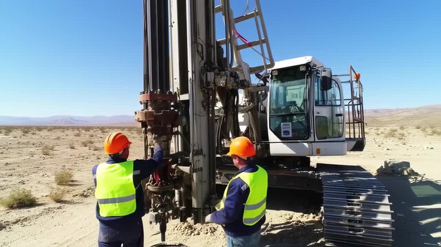 Construction team working on geotechnical investigations using drilling machine