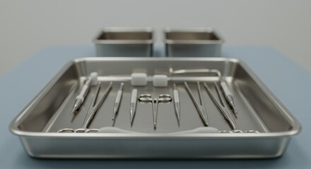 Surgical instruments arranged neatly on a stainless steel tray  