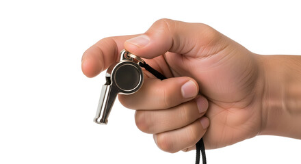 Hand holding a silver whistle, perfect for sports, coaching, or any call to action in a competitive environment