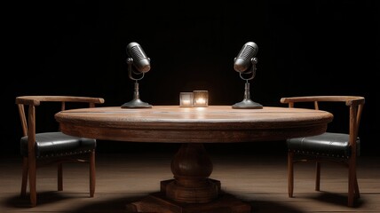 Two microphones stand ready on a table in a dimly lit podcast studio, awaiting the arrival of speakers