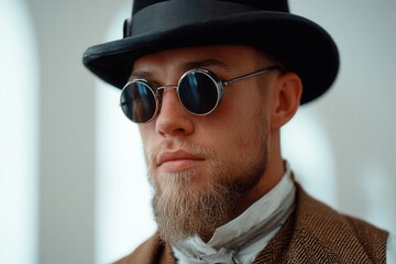 A fashionable man wearing a black hat and round sunglasses, showcasing a vintage style. The setting is bright and modern, creating a striking contrast.