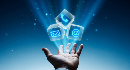 Empowering digital communication with floating contact icons above a human hand for modern connection