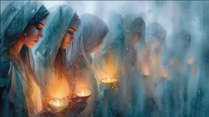 Artistic painting of women holding offering bowls, creating a sense of reverence and spiritual ceremony, Five wise virgins, biblical story