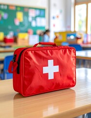 Red first-aid kit in classroom