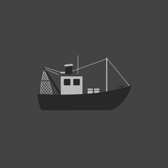 A simple illustration of a dark fishing trawler boat with nets and a cabin.