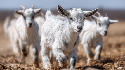 Obraz premium Playful baby goats leaping, running across sunlit dry grassland, capturing carefree spirit of pastoral countryside scene