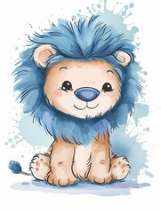 A bright lion with a blue mane is depicted in watercolor. Children's illustration.