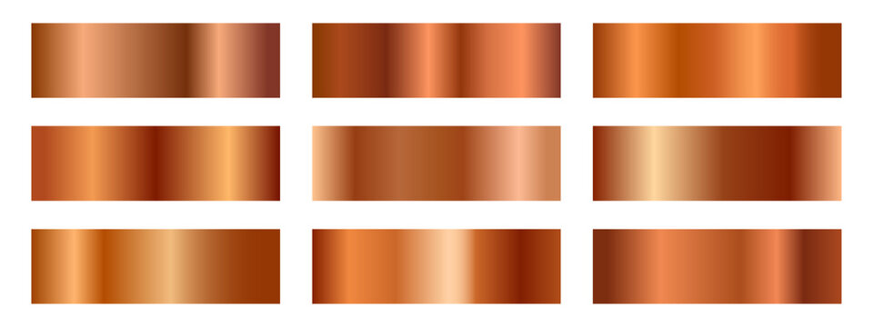 Collection of realistic bronze and copper metallic gradients. Set of variety of shiny, polished, and reflective metal textures in rectangular swatches, perfect for backgrounds