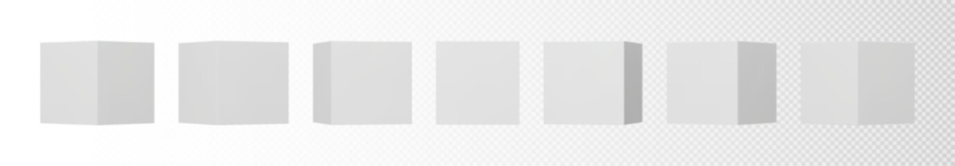 Set of blank packaging 3d boxes. Collection of empty white boxes in various orientations, ideal for branding, product mockups or design presentations. Vector illustration with minimalist render style.