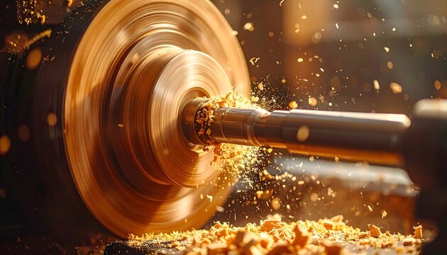 Wood turning artistry in motion, A dynamic view of a wood lathe shaping wood, golden light emphasizing the process