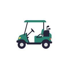 Green golf cart with clubs isolated on a white background.