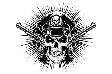 Fototapeta premium Vector art of a skull with guns, a monochrome illustration of a skeleton wearing a military hat, a symbol of danger and rebellion in a vintage style