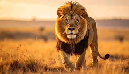 Majestic Male Lion Walking Through Golden Grassland at Sunrise in African Savanna with a Soft Focus Background and Warm Lighting