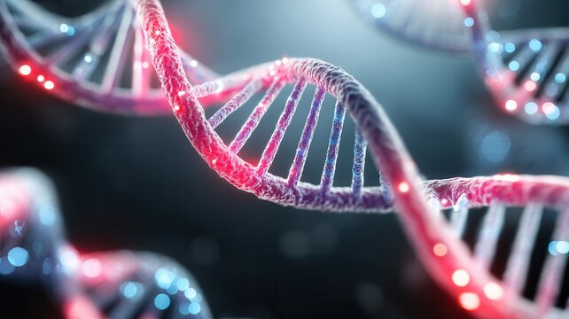 Close up view of glowing dna strands rotating, showcasing genetic information and biological processes - Powered by Adobe