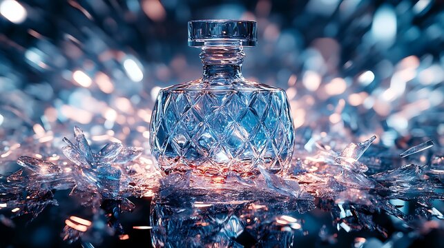 Intricate crystal decanter with shattered glass evoking luxury and refraction