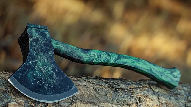 A photo of an axe with the handle and blade visible, attached to a tree branch