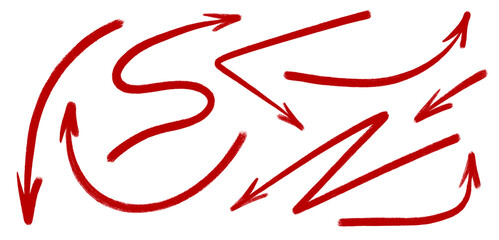 Set of red hand drawn arrows pointing in different directions on transparent background
