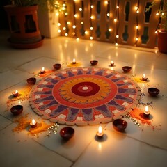 
Decorative Rangoli with Lit Clay Oil Lamps (Diyas)