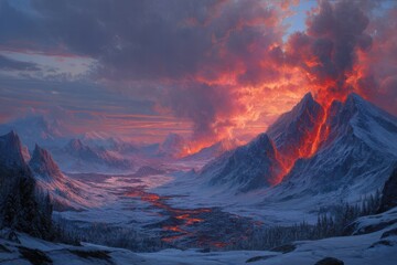 Lava rain pours down icy mountain slopes, creating a stark contrast against the frozen landscape at dusk in a breathtaking scene of nature's extremes