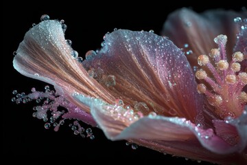 Crystals form on exotic jungle flower, highlighting nature's beauty in unusual conditions with delicate droplets glistening under soft light