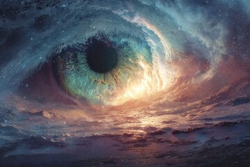 Glowing sun peering through a cosmic eye amidst a surreal landscape of ice and fire in an apocalyptic setting