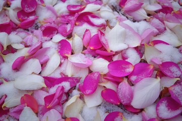 Obraz premium Petal snowfall in a tropical landscape creates a surreal scene with vibrant colors and delicate beauty amidst unexpected weather