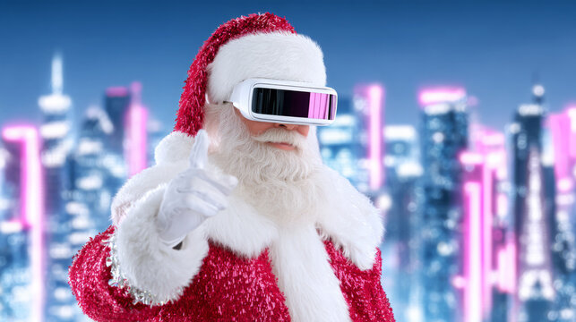 Santa Claus wearing virtual reality goggles in a futuristic city at night during the holiday season