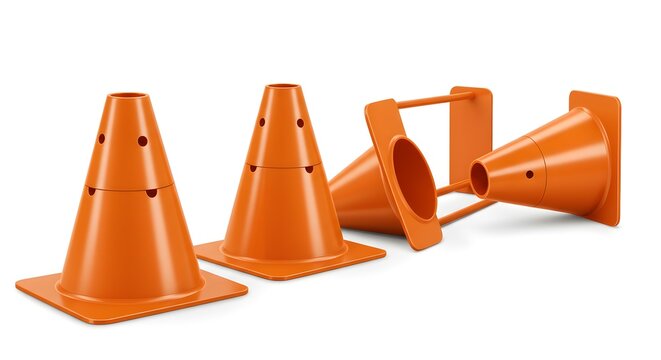 Bright orange sports training cones with hurdles on a clean white background, ideal for agility drills and obstacle courses
