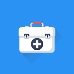 White first aid kit with red handle and medical cross symbol.