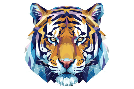 Vector art of a geometric tiger head with blue and orange hues, this polygonal illustration features a tigers face with sharp lines and vibrant colors, creating a modern and artistic design