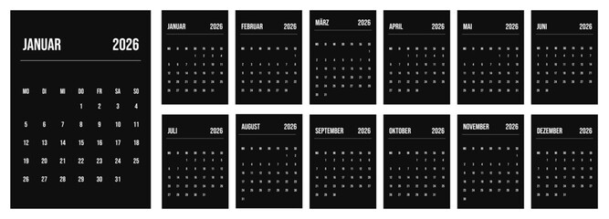 Black German 2026 calendar set of template monthly vertical pages. Minimalist planner week start on Monday. Germany Kalendar