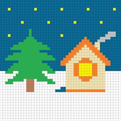 A winter rural landscape with a cozy house and a Christmas tree under a starry night sky. A simple pixel art pattern. The pattern is suitable for weaving, cross-stitching, or knitting.