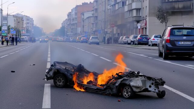 Urban Catastrophe: Burning Car Aftermath on City Street with Witnessing Bystanders