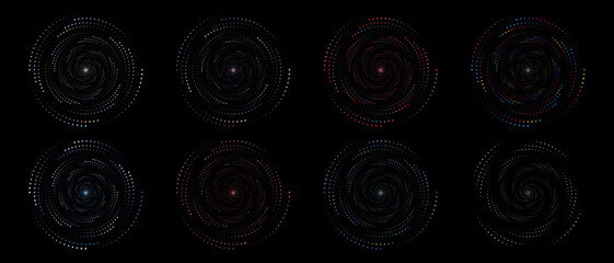 Abstract dot swirl swirl elements set, Circular vector logo elements on black background.