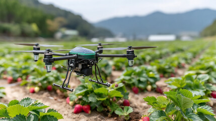 Illustration of an irrigation drone flying over an organic strawberry field, bright daylight, dynamic shot demonstrating technology that promotes sustainable farming.