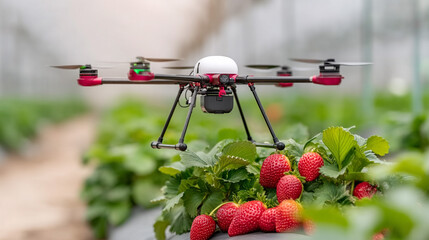 Illustration of an irrigation drone flying over an organic strawberry field, bright daylight, dynamic shot demonstrating technology that promotes sustainable farming.